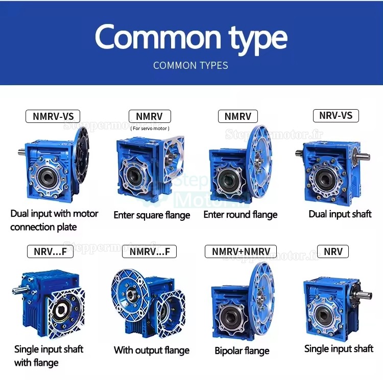 R&eacute;ducteurs &agrave; vis sans fin Nema 23 S&eacute;rie NRV-VS63 rapport 20:1 0,3-2,8KW 118-160 Nm avec double arbre d'entr&eacute;e